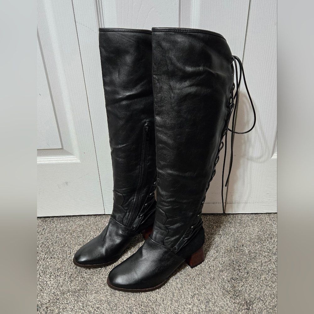 Faux Leather Heeled Boots, Lace-Up Details on the Back of Leg, Size 39/8.5, NWOT